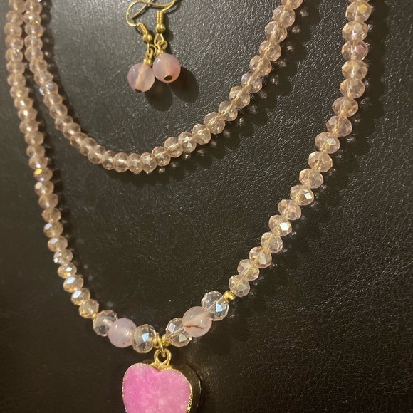 Pink Heart Pendant Necklace with beautiful shiny beads and pink earrings . - Picture 13 of 14